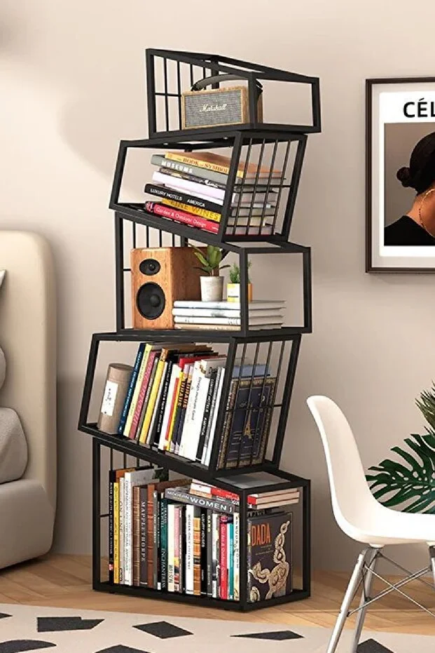 Metal Siyah Renk Endüstriyel Tasarım Kolay Kurulum Puzzle Kitaplık Aksesuar Rafı